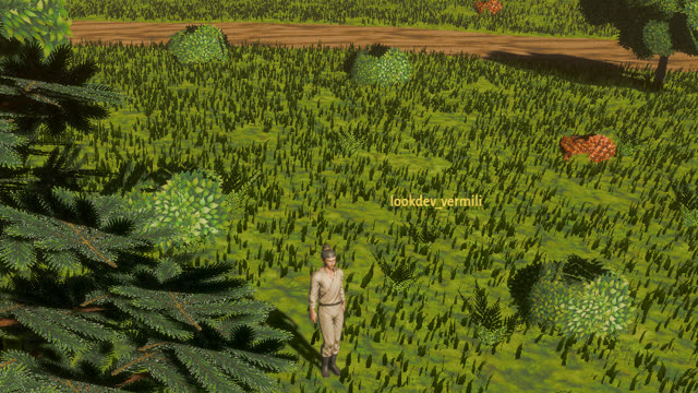 A character standing in the grass of a hunting ground by a road